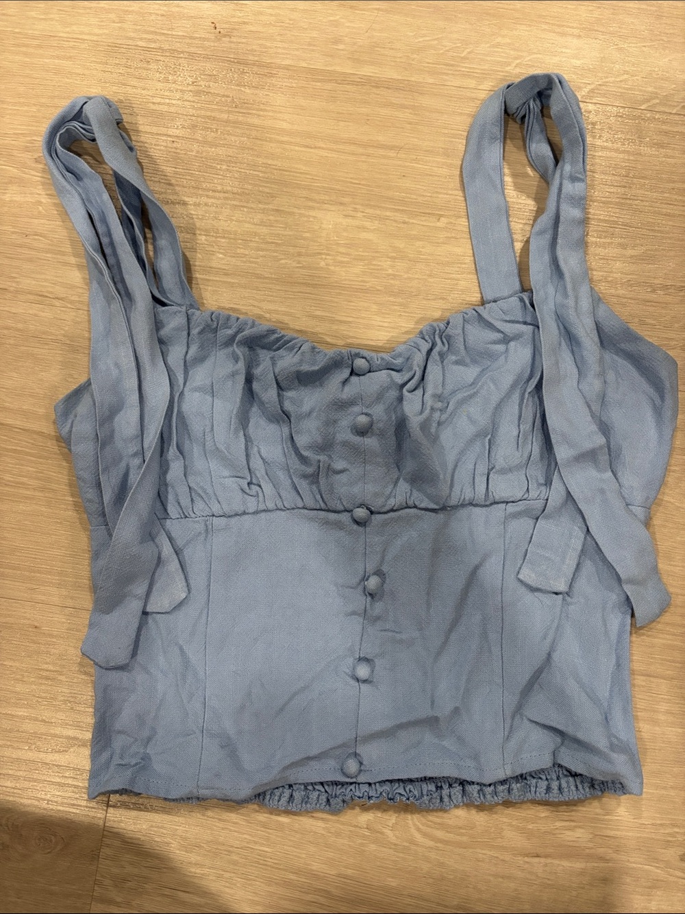 Sienna Sky Powder Blue Tie-Shoulder Button Crop Top